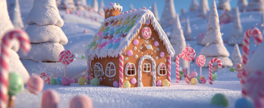 Colorful gingerbread house sparkles with joy in magical winter candy land