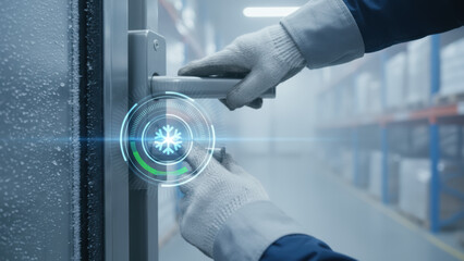 Cold chain logistics warehouse logistic temperature control personnel opening refrigerated door with gloved hands conveying careful transport