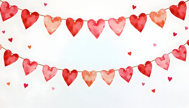 Watercolor heart garlands in red and pink creating a cute romantic festive frame.