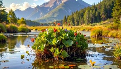 A serene mountain landscape features a lake with colorful plants floating within. The background shows peaks and lush greenery