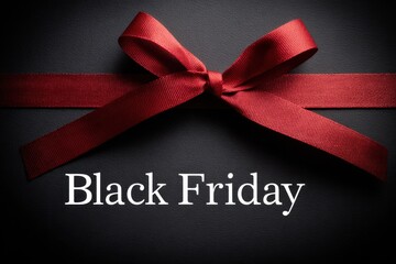 A red ribbon bow on a black background with the text 'Black Friday.'