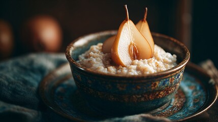 A warm oatmeal topped with poached pear halves, side lighting, deep cozy tones, artistic elegance