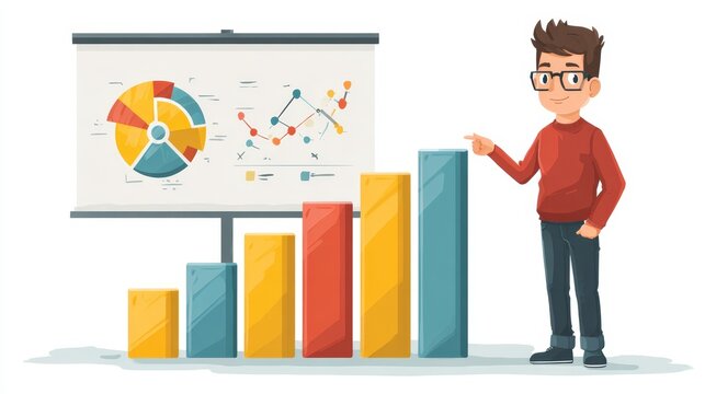 Vector illustration of a businessman presenting a financial growth chart concept for success in the office