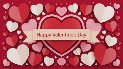Festive valentine s day background with many red and pink hearts and a banner