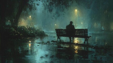 Impressionistic painting depicts a couple seated on a park bench illuminated by glowing streetlights after a rain.