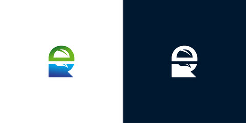 Abstract letter R logo design with a modern monogram style, incorporating green nature elements and blue water wave symbol for an eco or travel brand