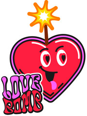 Love bomb and TNT vintage Y2K sticker or label. TNT grenade groovy tag, funny bomb isolated vintage hippie Y2K vector patch. Explosive, heart bomb funny character with burning wick label or sticker