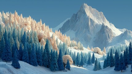 Winter mountain landscape with stylized trees and clouds, illustration