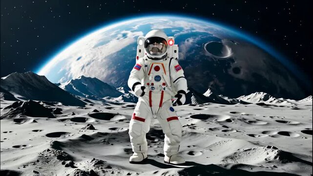 An astronaut is dancing on the surface of the moon, with their arms raised in a celebratory pose, against the backdrop of Earth and a starry sky