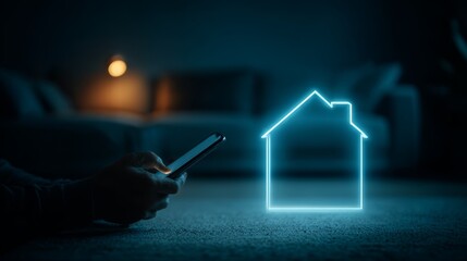 Real estate business concept with a hand holding a model house drawing and a financial chart on a laptop