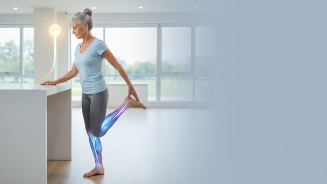 Elderly woman physical therapy balance fall prevention seniors rehabilitation stretch leg muscle visualization gentle confident exercise - Powered by Adobe
