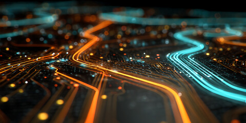 Neon orange and cyan circuit board with glowing trace path lines and soft bokeh light