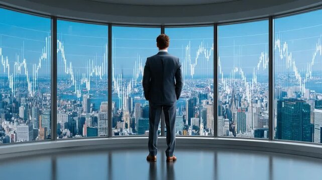 Visionary Perspectives: A man in a suit gazes out of a panoramic window, taking in the sweeping cityscape and stock market trend lines, visualizing success and opportunity.