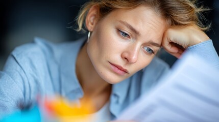 Fototapeta premium Portrait of a smiling young blonde woman with beautiful eyes and long hair lying on bed at home