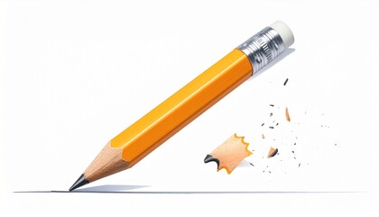 Diagonally placed short yellow pencil with pink eraser and silver ferrule, sharpened graphite tip pointing lower left, eraser upper right, isolated on neutral background for product showcase.