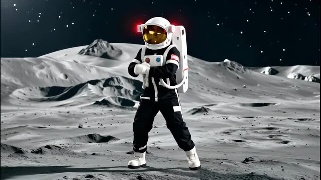astronaut is dancing on the surface of the moon, wearing a spacesuit with a glowing helmet