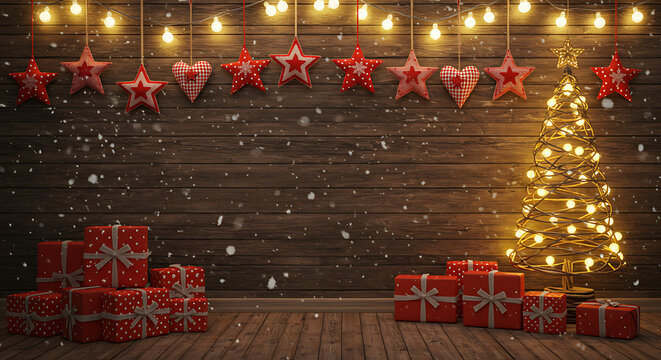 A magical Christmas holiday scene featuring a glowing tree, wrapped presents, and festive ornaments on a rustic wooden backdrop with falling snow
