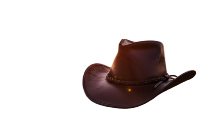 A brown leather cowboy hat with a braided hat band on a black background in horizontal orientation