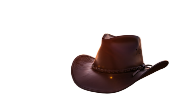A brown leather cowboy hat with a braided hat band on a black background in horizontal orientation