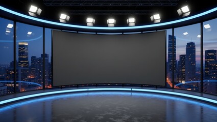 Modern news studio with cityscape backdrop at dusk