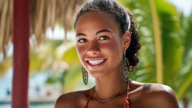 Radiant Serenity: A young woman with a radiant smile exudes a sense of peace and natural beauty, capturing the essence of a serene and blissful moment. 