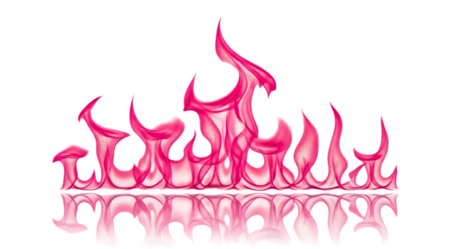 Pink flames with a mirrored reflection on a isolated on a transparent background fire burning