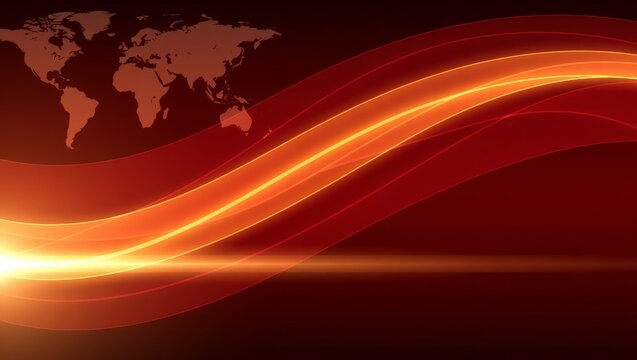 World map with flowing orange light waves