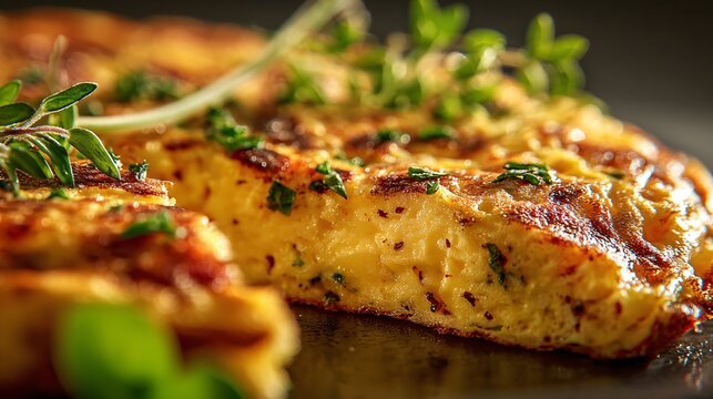 A close-up of omelette texture showing herbs and melted cheese, cinematic macro photography