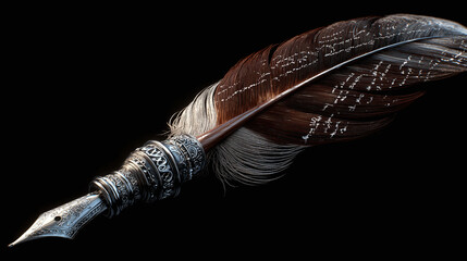 An antique quill pen with a dark feather, resting on a flat surface