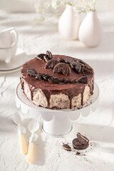 Homemade cheesecake made of cheese and chocolate.