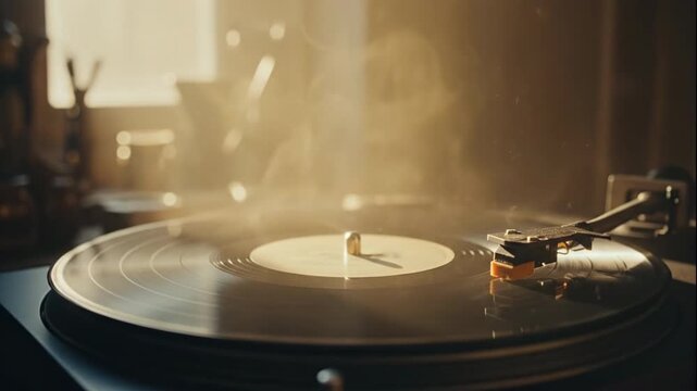 Nostalgic vinyl record spins slowly in warm, inviting light.