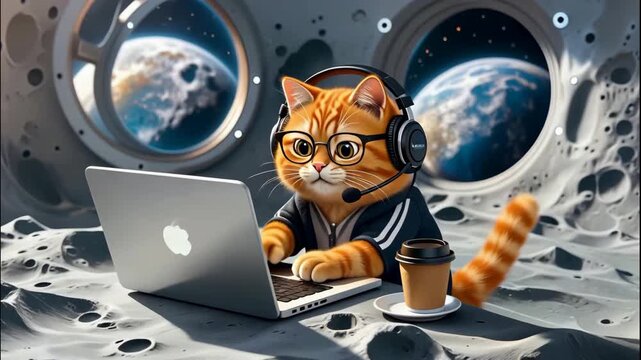 Cute cat wearing glasses and headset working on laptop with view of planet outside the window