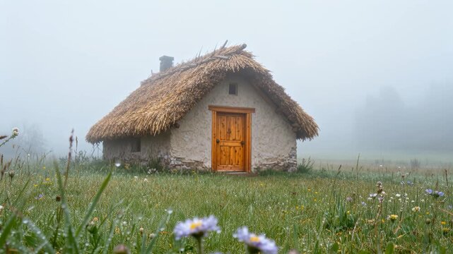 A rustic cottage with a thatched roof sits amidst a field of wildflowers, shrouded in a morning mist