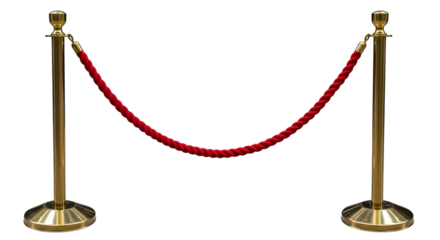 Polished brass stanchions with red velvet rope barrier isolated on a transparent background image 1