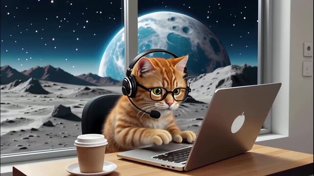 orange cat wearing glasses and a headset, working on a laptop at a desk with a view of a planet and stars outside the window