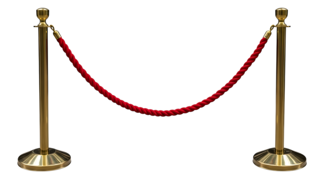 Polished brass stanchions with red velvet rope barrier isolated on a transparent background image 1