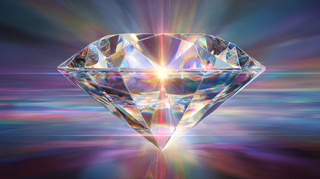 Magic prism with radiant light beam, shiny glasses and glowing diamond, colourful sparkle streak, lens flare and abstract optical effect, fantasy filter with iridescent overlay background