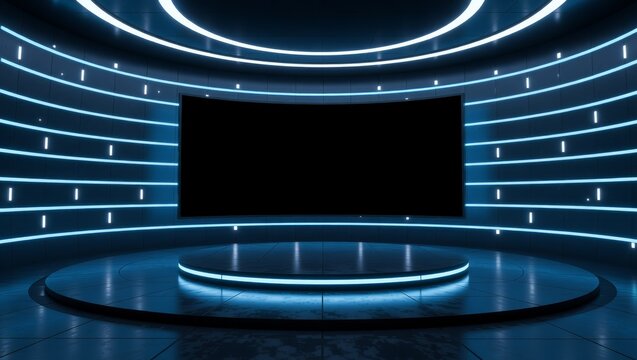 Futuristic studio with blue neon lighting and large screen