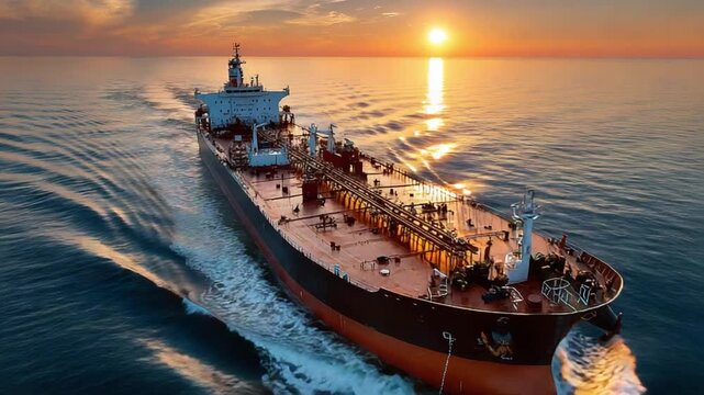 Navigating Sunset: An impressive oil tanker slices through the tranquil waters, bathed in the warm, golden hues of a setting sun, symbolizing global trade and maritime power.