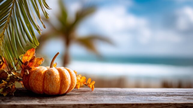 On a warm tropical beach, a small pumpkin rests on a wooden surface adorned with vibrant leaves and flowers, blending seasonal charm with a coastal backdrop under a blue sky - Powered by Adobe