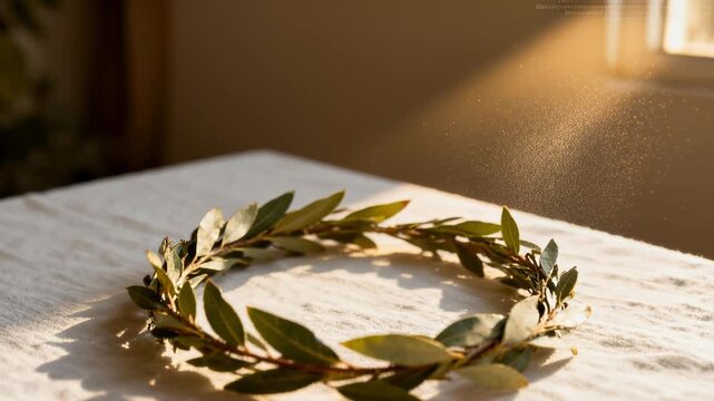 A circular laurel wreath rests on a textured white surface, with soft light and floating particles