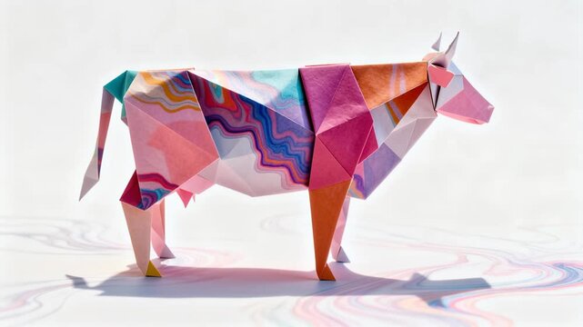 A colorful, geometric paper cow sculpture stands on a patterned surface, with shadows and light