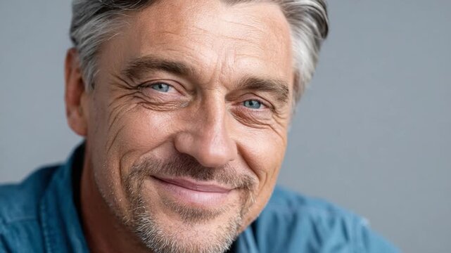 Serene Gaze: A close-up of a middle-aged male with silver hair and a captivating smile.