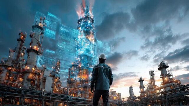 Engineering the Future: An engineer, clad in a safety helmet, surveys a futuristic industrial complex, a testament to technological prowess and innovation. The scene evokes a sense of progress.