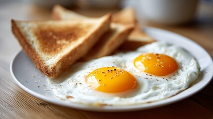Fototapeta premium A final composition two sunny-side eggs and toast triangles on white plate, soft light and minimalist warmth