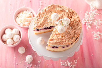 Tasty and sweet coconut cheesecake with chokeberries and meringue.
