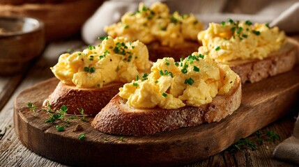 A fluffy scrambled eggs on toasted baguette slice, overhead shot, neutral warm tones, cozy brunch mood