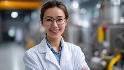 Empowered Vision: A scientist radiates confidence in an industrial setting, donning a crisp lab coat, and the warmth of her smile reflects the dedication to her work.