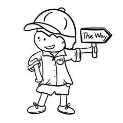 Cartoon tour guide holding direction sign outline illustration