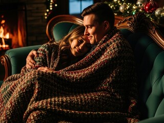 A happy couple cuddles under a cozy knit blanket on a luxurious sofa near a fireplace and a Christmas tree, enjoying a warm, romantic holiday moment.